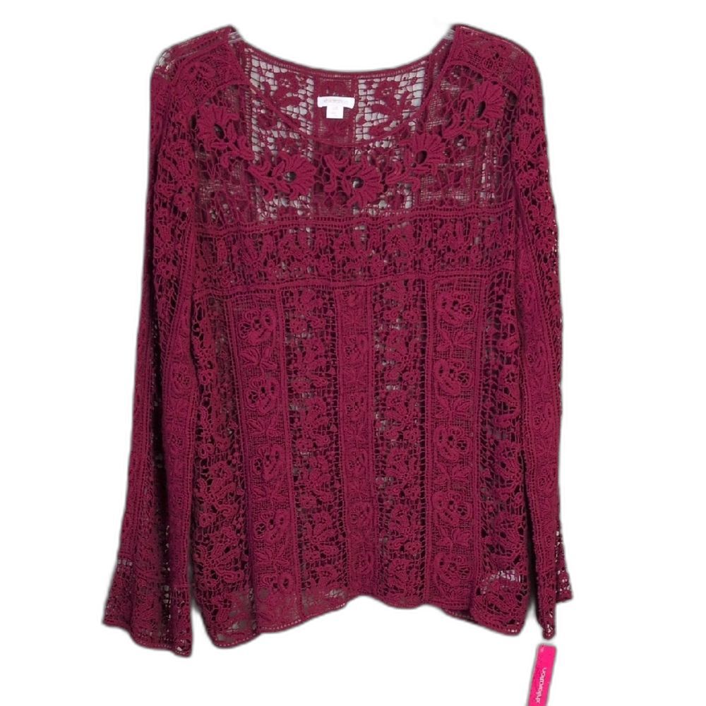 Xhilaration Red Crochet Sheer Top Long Sleeve Women's L NWT